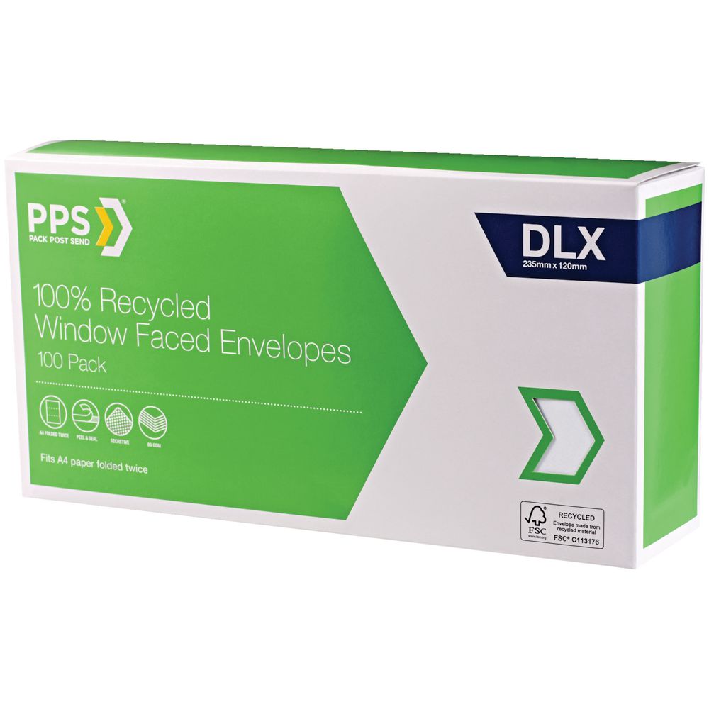 PPS DLX Window Faced 100% Recycled Envelopes 100 Pack