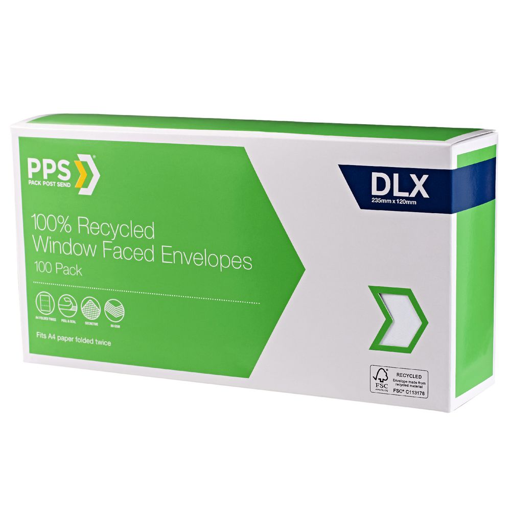PPS DLX Window Faced 100% Recycled Envelopes 100 Pack