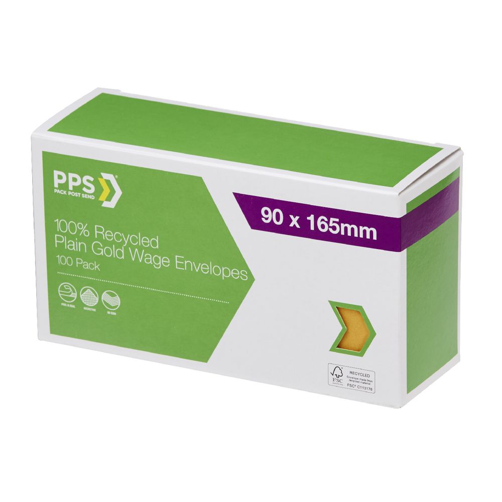 PPS Recycled Plain Wages Envelopes 90 x 165mm Gold 100 Pack