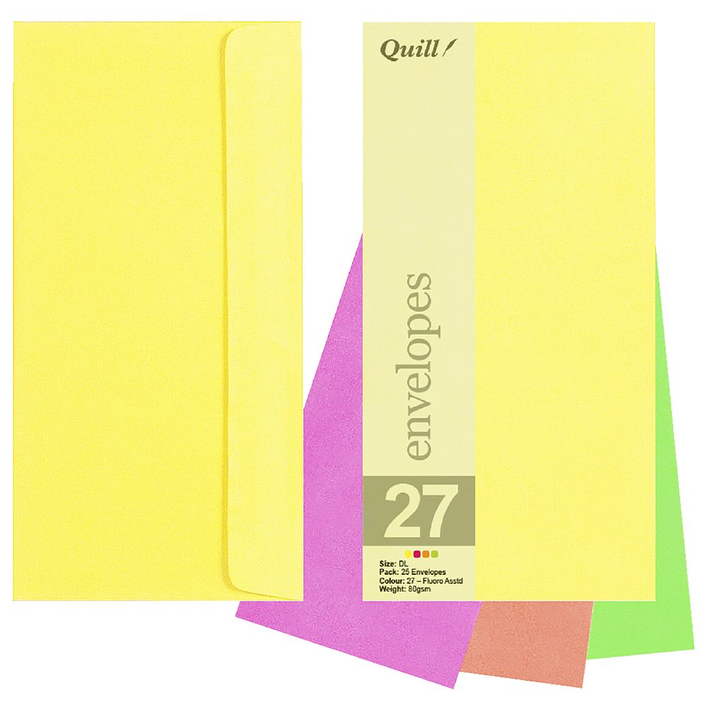 Quill DL Envelopes Fluoro Assorted 25 Pack