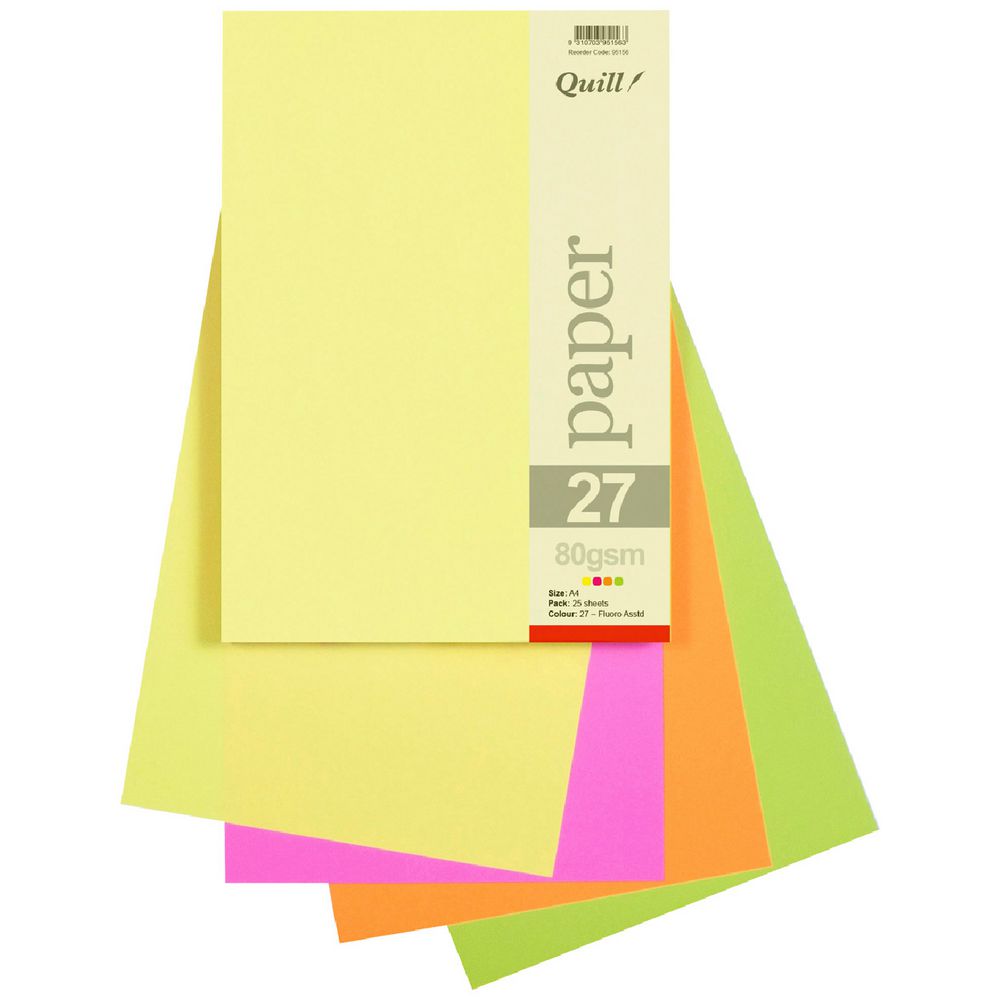 Quill A4 80gsm Paper Fluoro Assorted 25 Pack