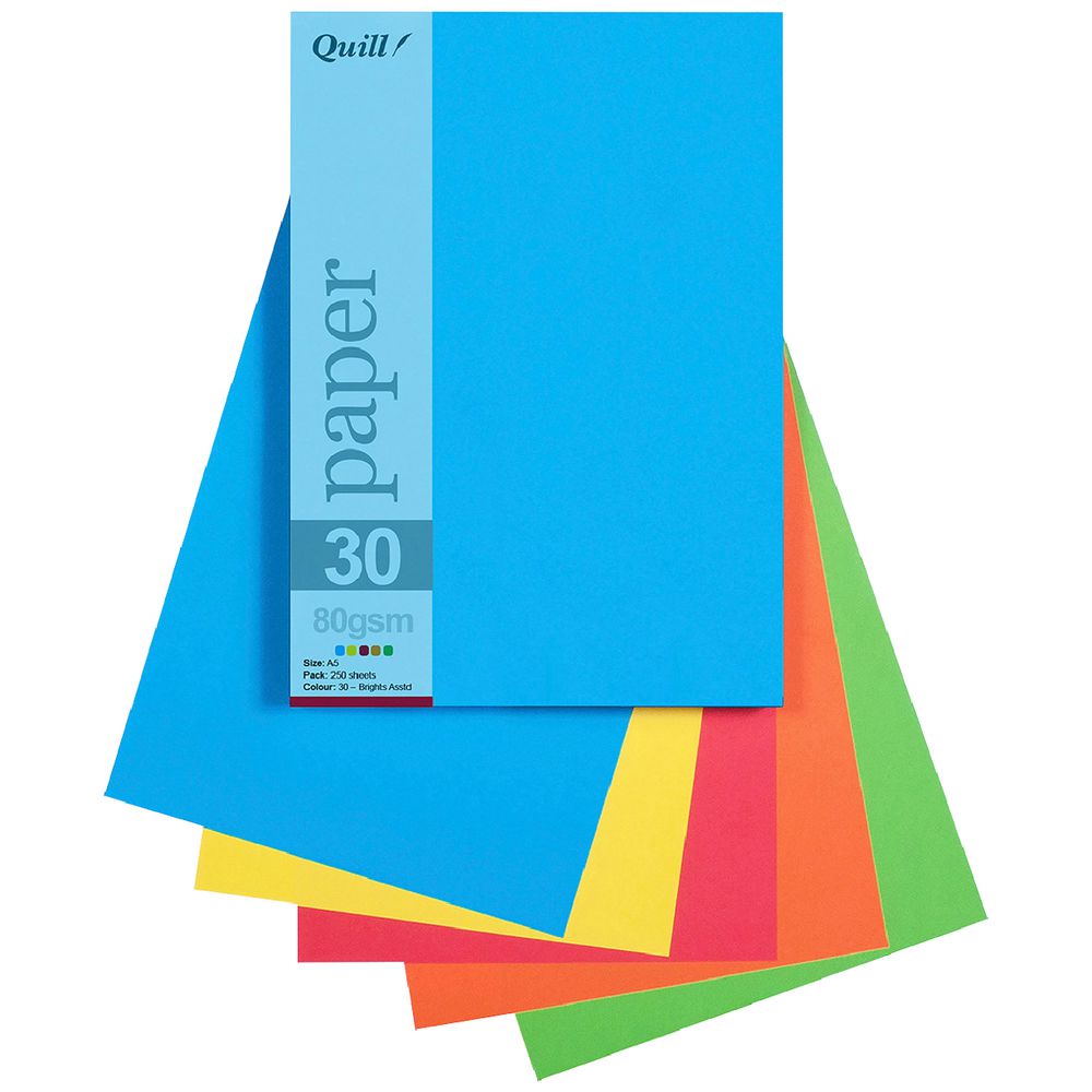 Quill A5 Paper Bright Assorted 250 Pack