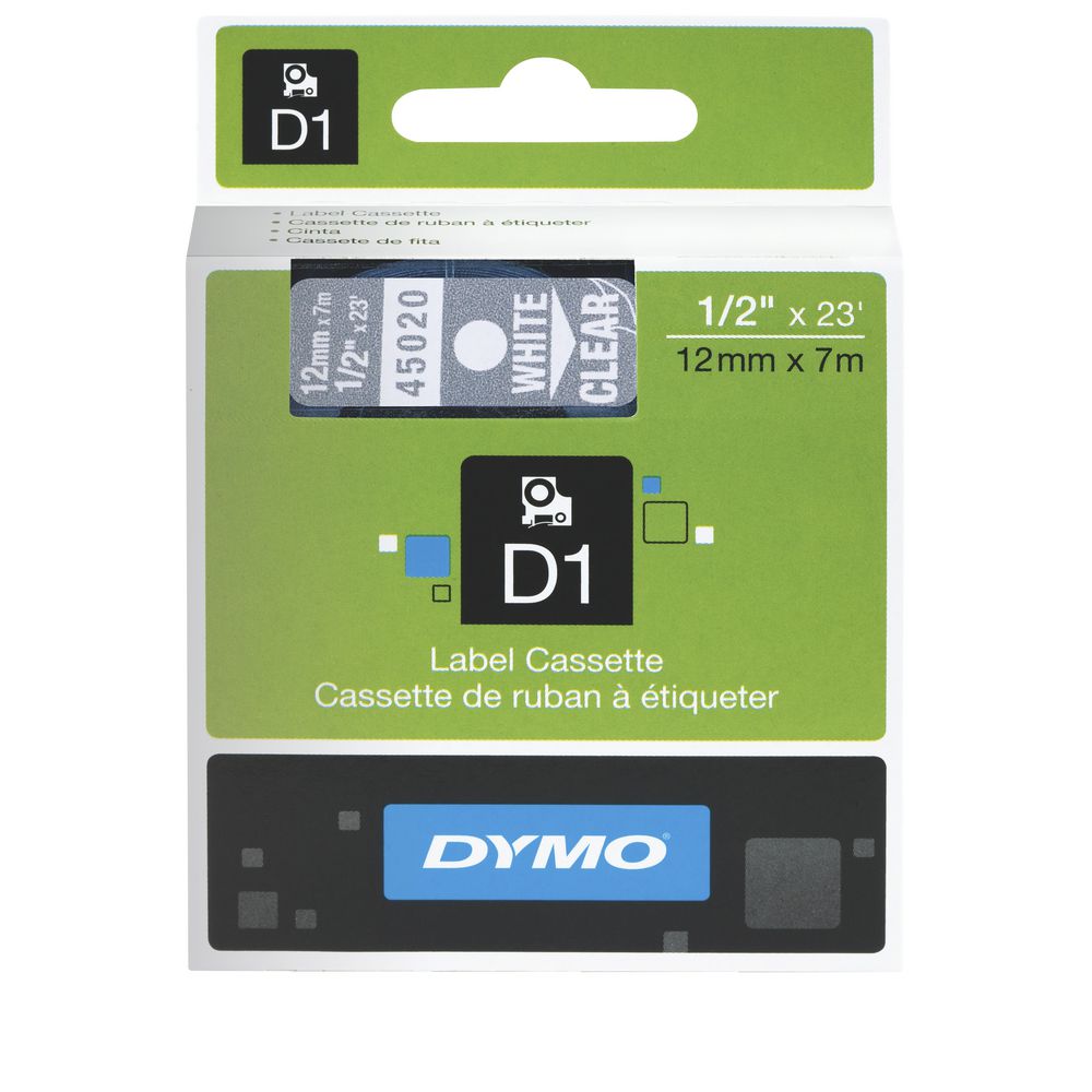 DYMO D1 Label Tape 12mm White on Clear