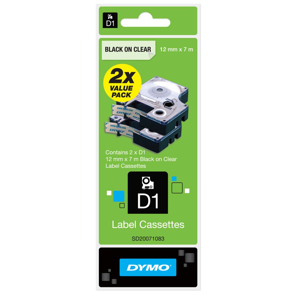 DYMO D1 Label Cassettes 12mm Black on Clear 2 Pack