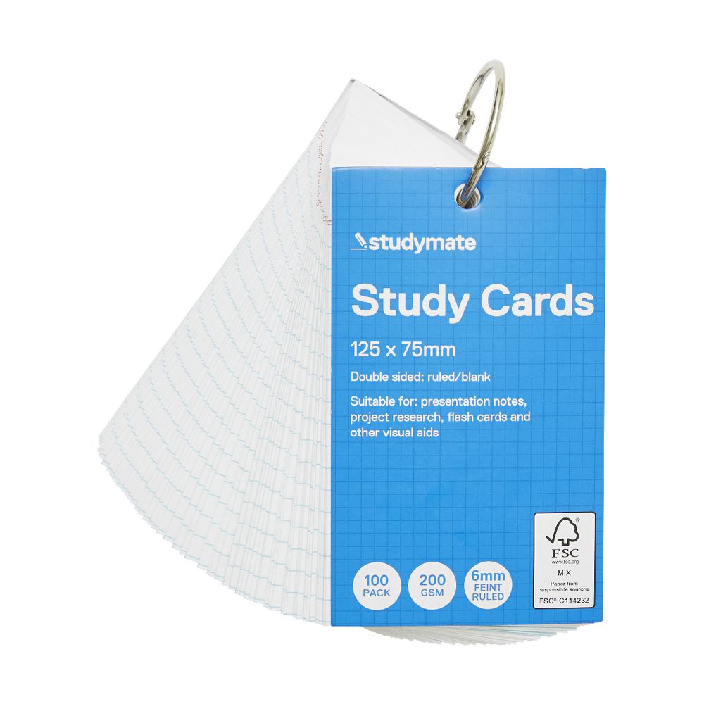 Studymate Study Cards Ruled 127 x 76mm White 100 Pack