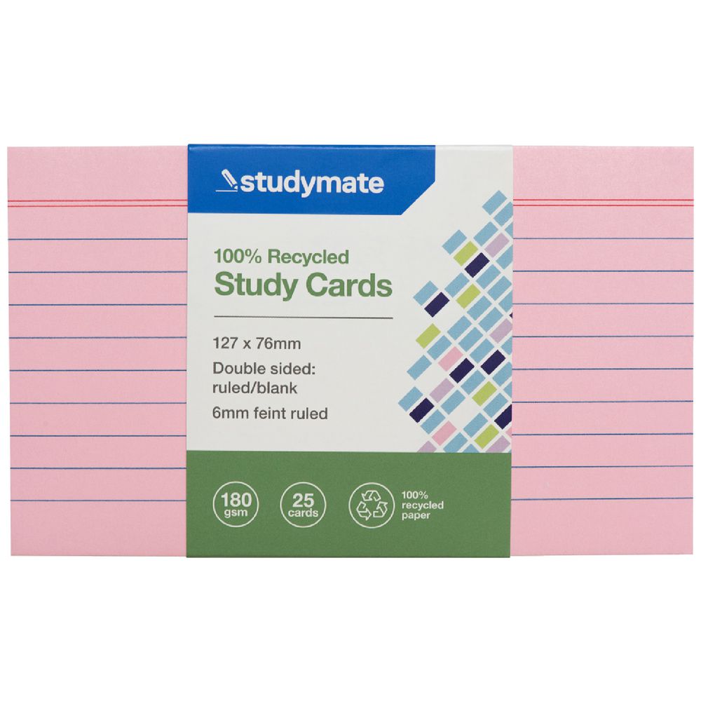 Studymate Study Cards Ruled 127 x 76mm Pink 25 Pack