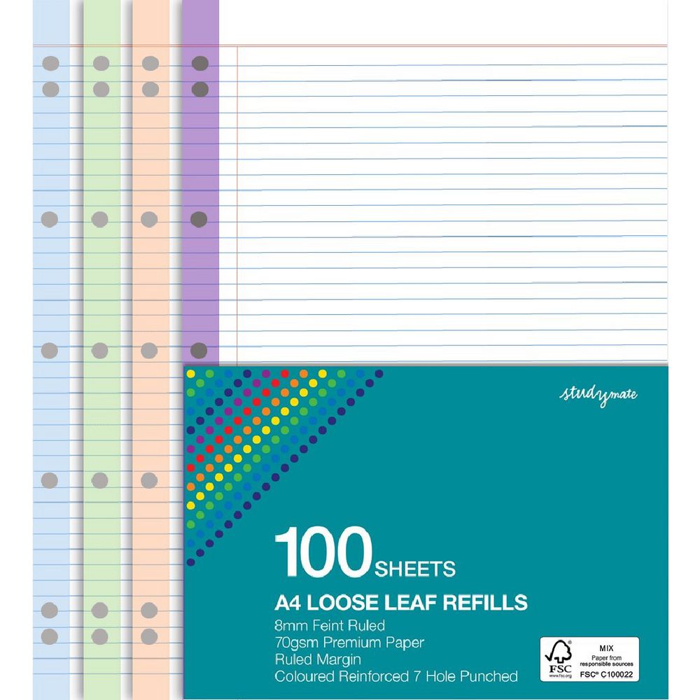 Studymate Premium Coloured A4 Loose Leaf Refills 100 Pack 9341694163529 eBay
