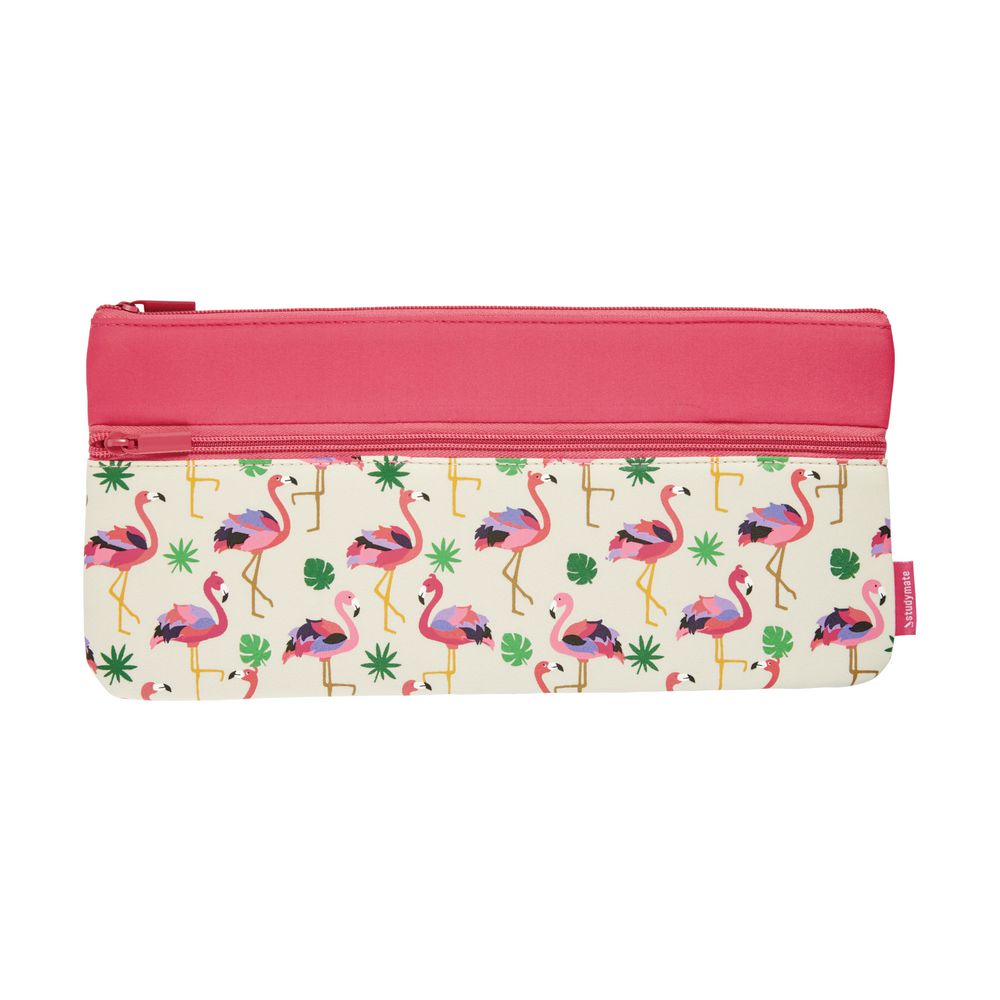 Studymate Twin Zip Pencil Case Medium Flamingo on Cream