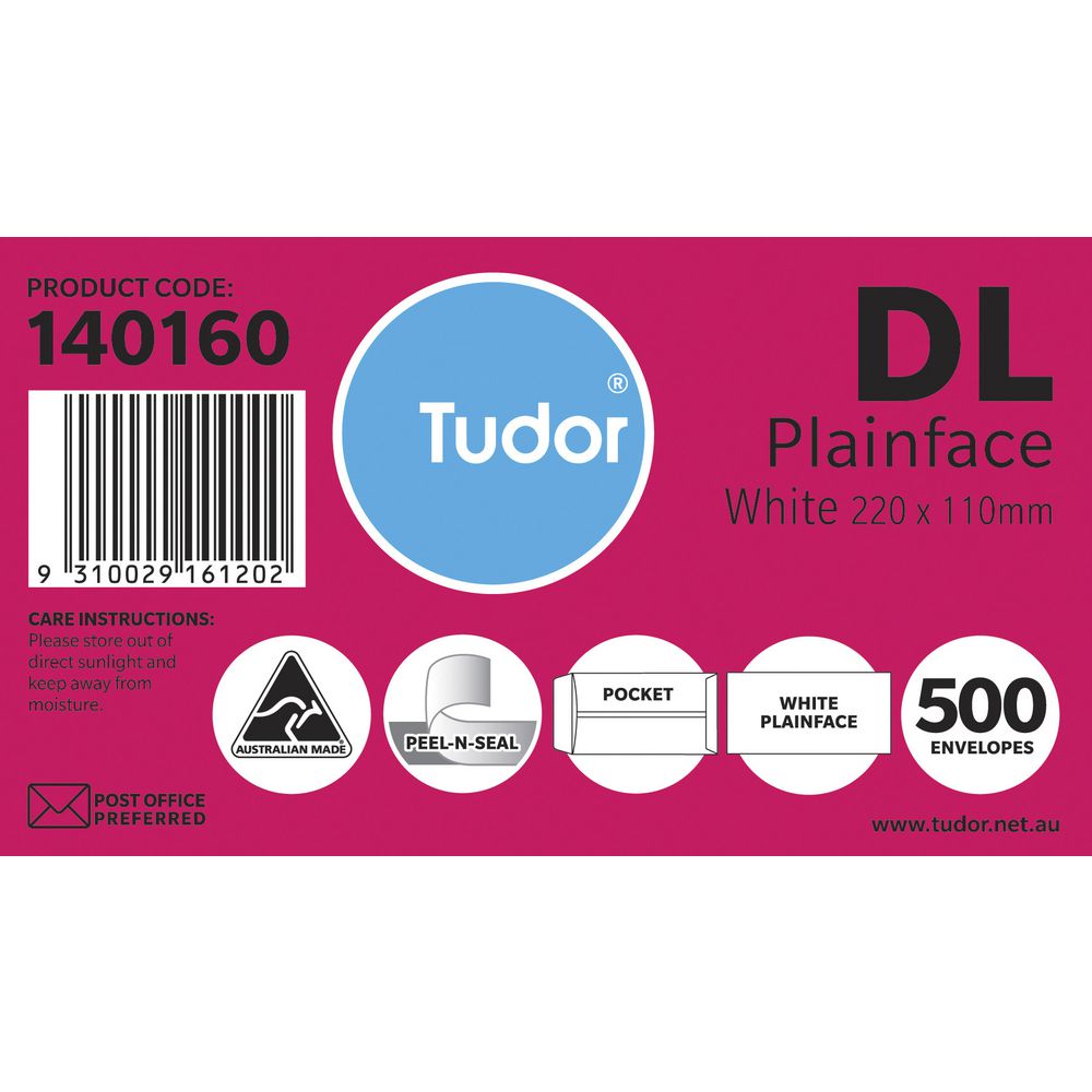 Tudor DL Plainface Pocket Envelopes 110x220mm White 500 Pack