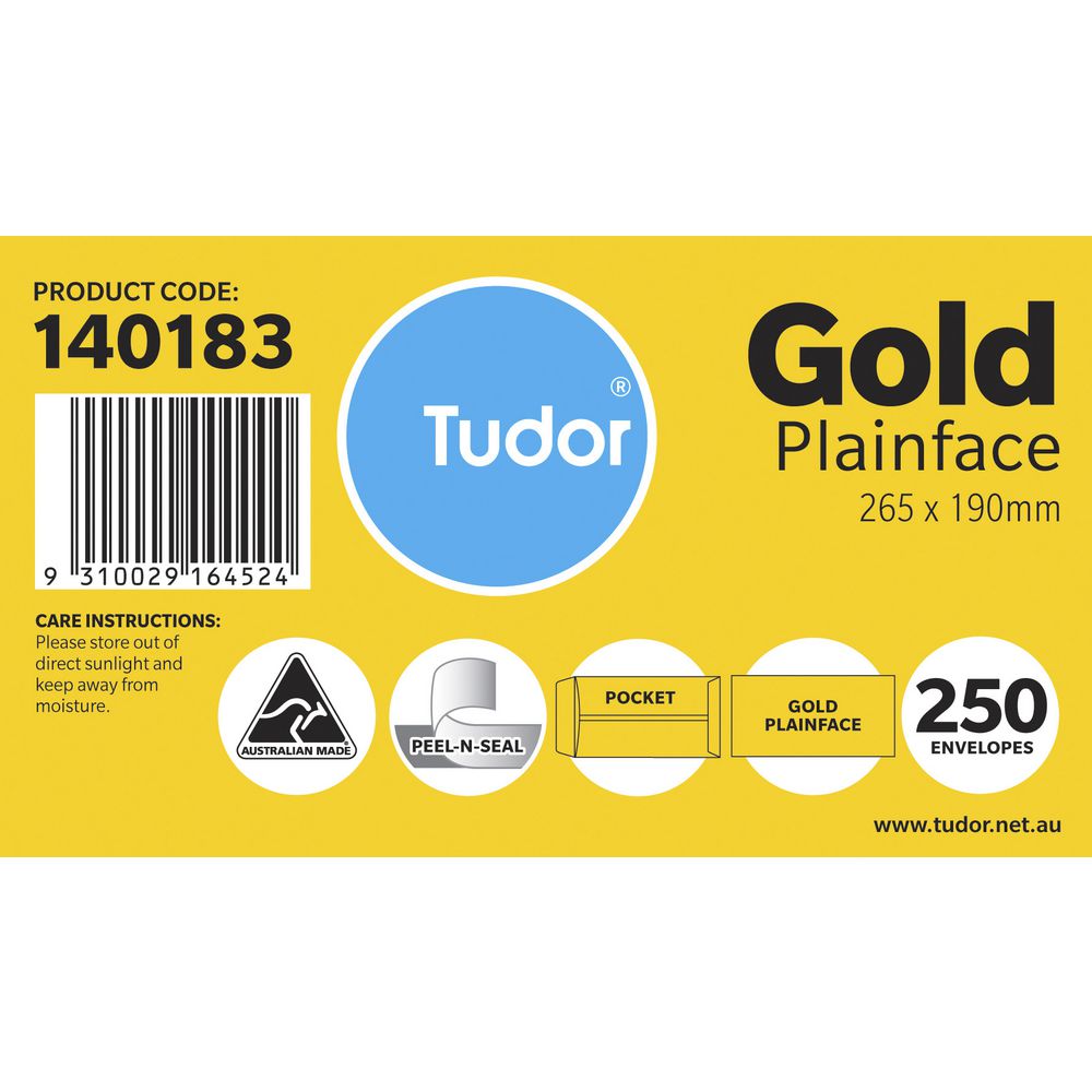 Tudor Plainface Pocket Envelopes 265 x 190mm Gold
