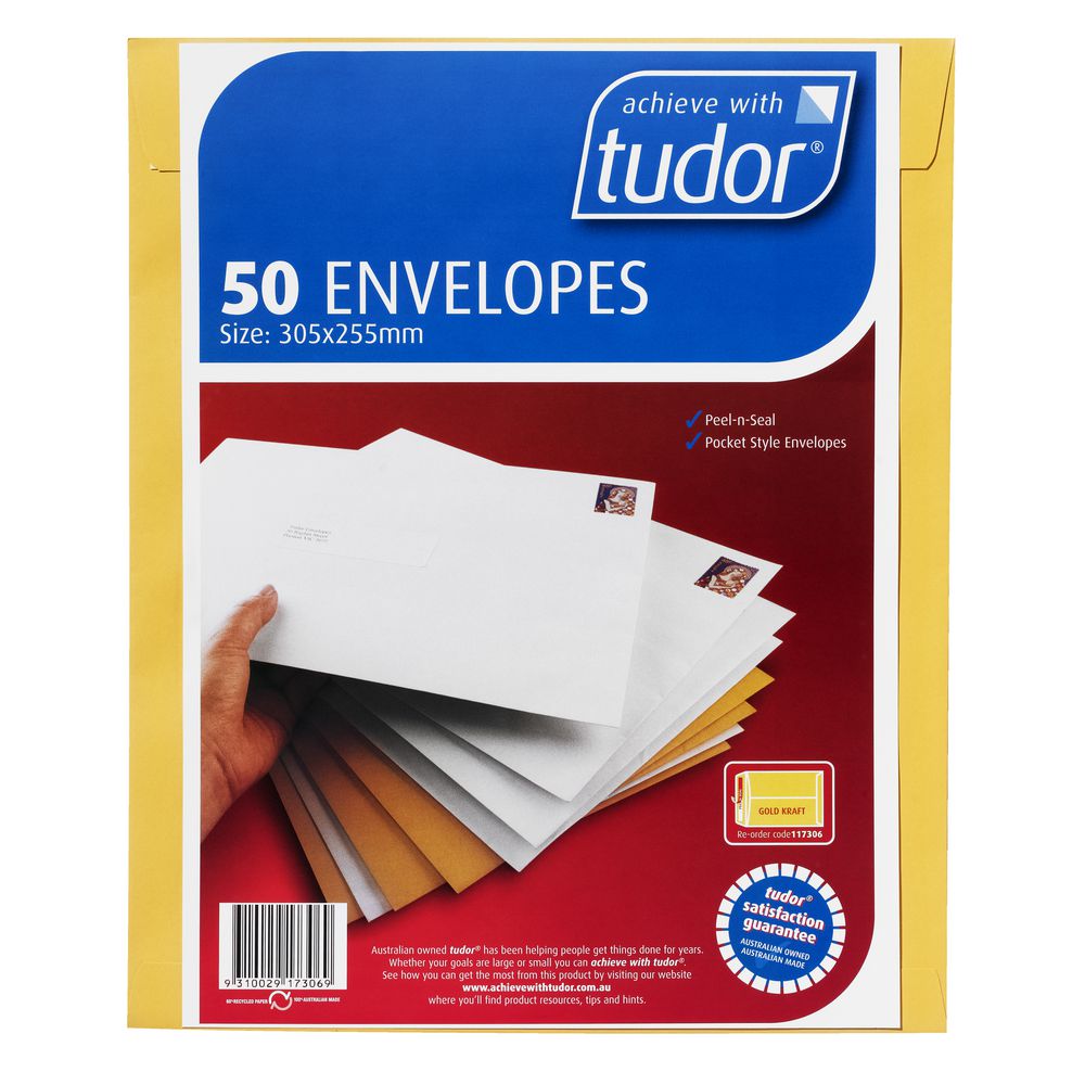 Tudor 305 x 225mm Kraft Envelopes 50 Pack Officeworks