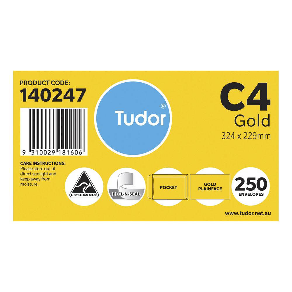 Tudor C4 Kraft Pocket Envelopes 250 Pack
