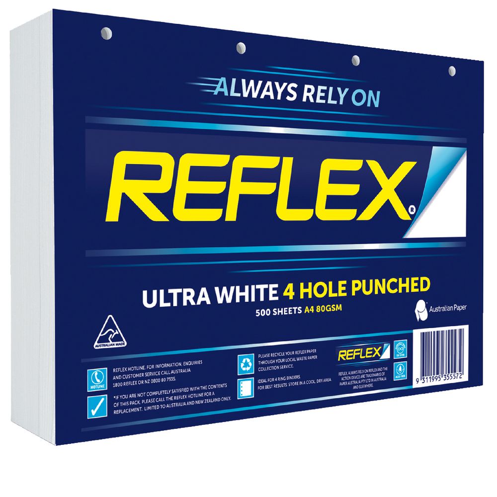 Reflex Ultra White 80gsm A4 Copy Paper 4 Hole Punched Ream