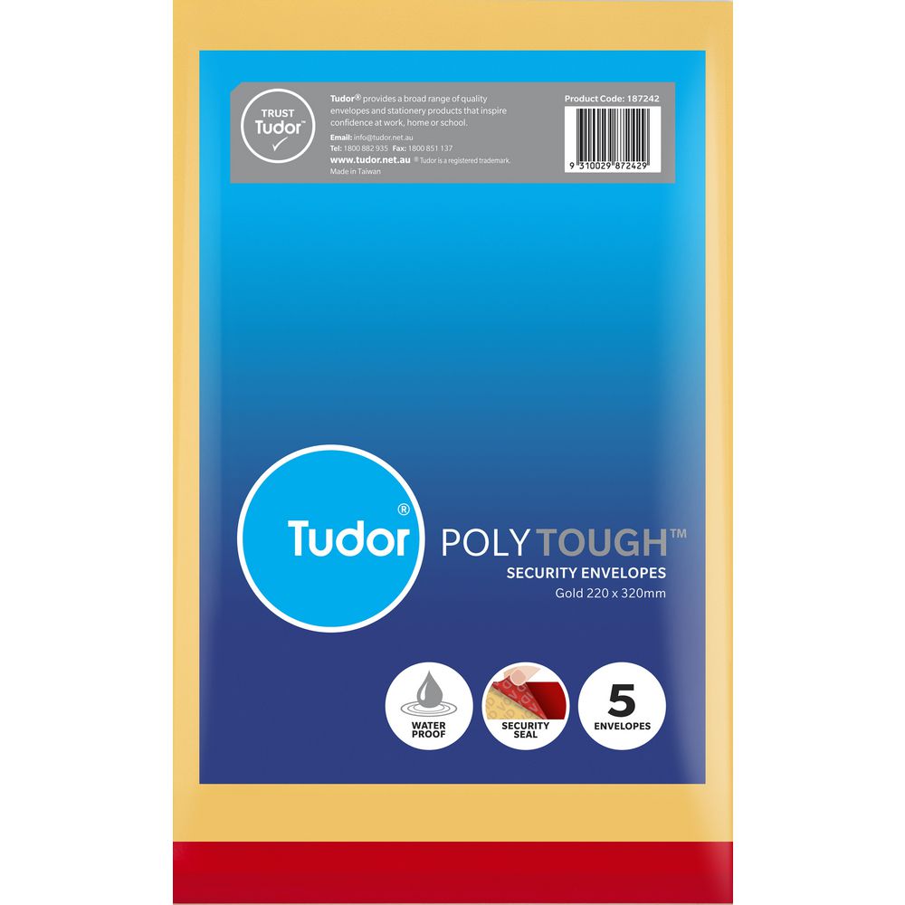 Tudor PolyTough Tamper Evident Envelopes Gold 220x320 5 Pack