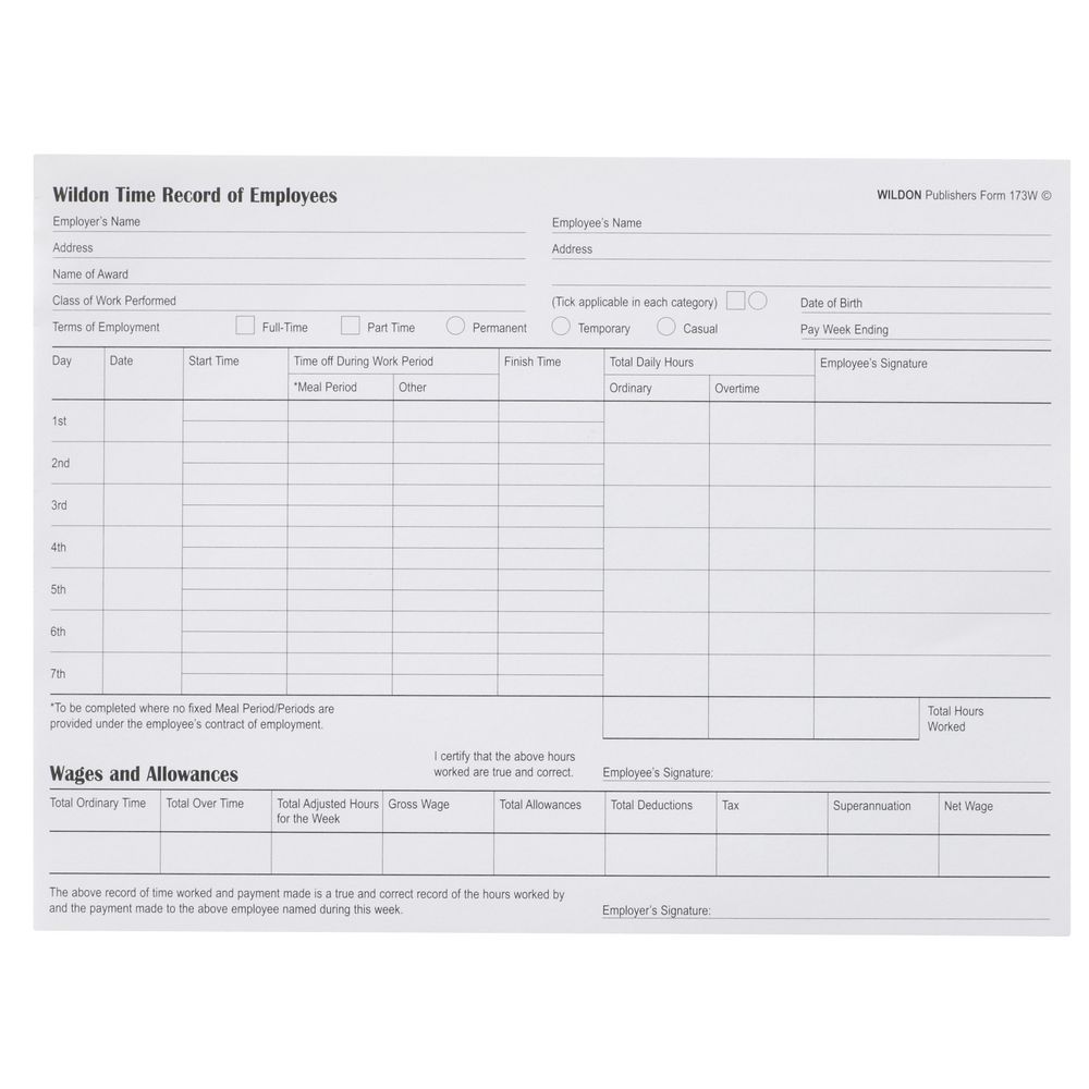 Wildon Time Record of Employees Book