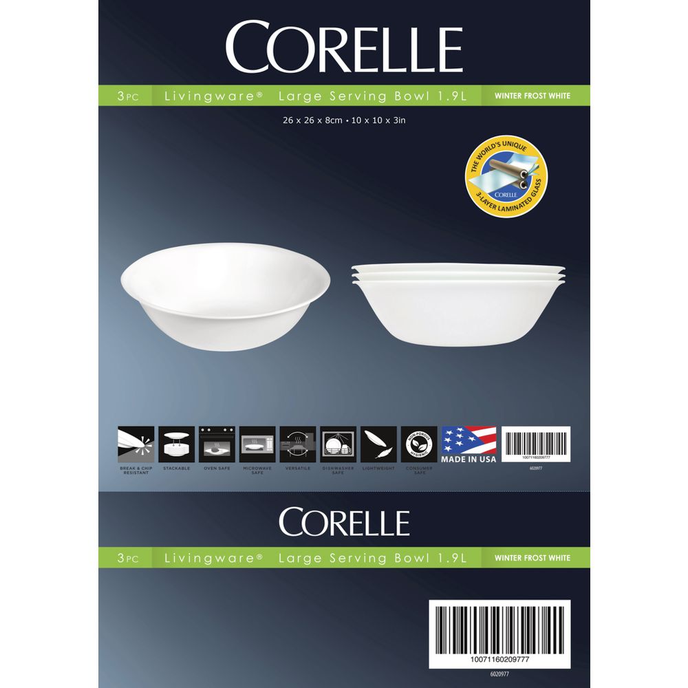 Corelle Livingware Large Bowls 1.9L 3 Pack Frost White