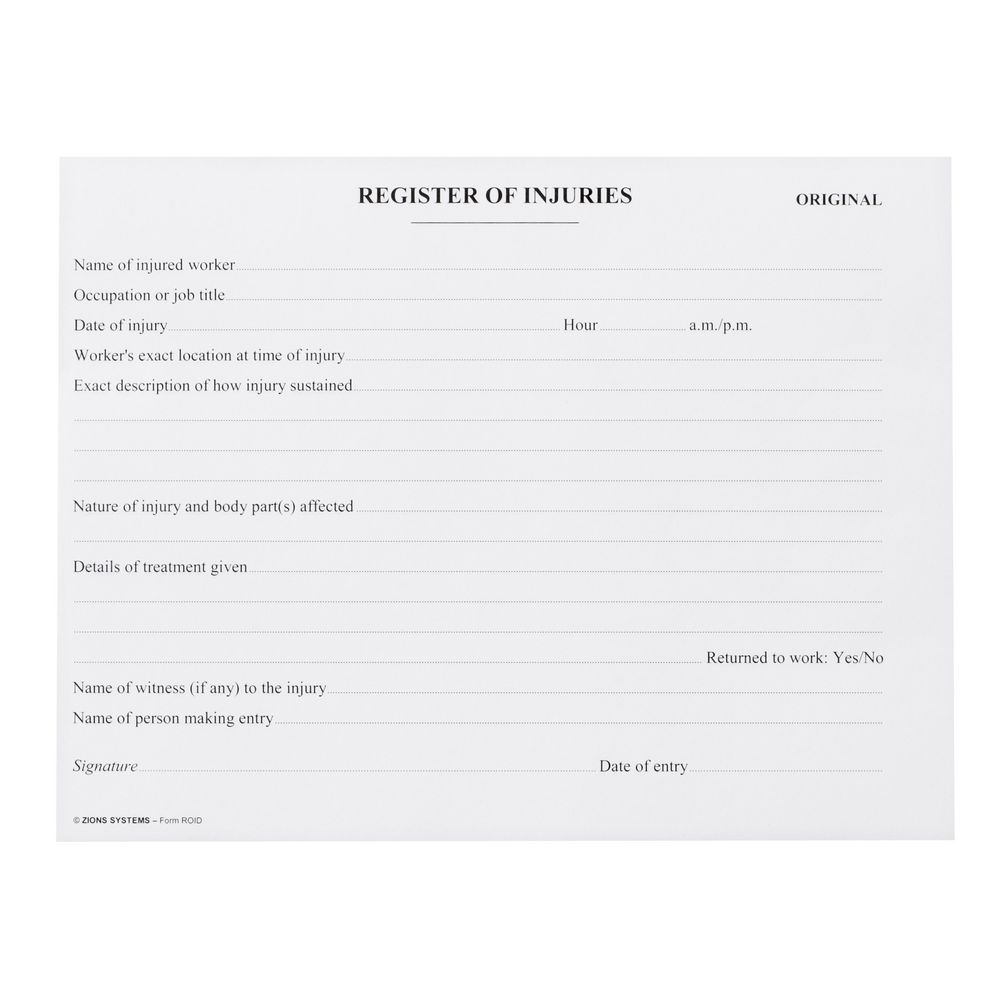 Zions WorkCover Register of Injuries Victoria Book