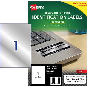Avery 1UP Heavy Duty Laser Labels Metallic Silver 20 Sheets