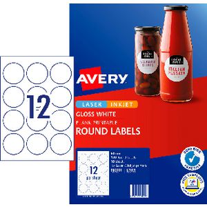 Avery 12UP Inkjet Laser Gloss Round Labels White 10 Sheets