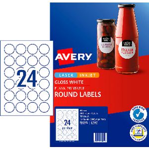Avery 24UP Inkjet Laser Round Gloss Label 40mm White 10 Sheet