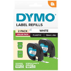 DYMO Letratag Plastic Label Tape 12mm Black on White 2PK