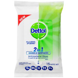 Dettol 2 in 1 Anti-bacterial Hand and Surface Wipes 15 Pack