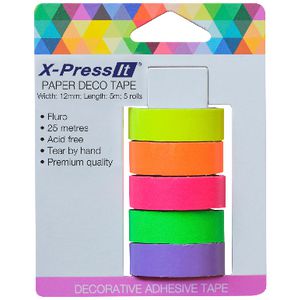 X-Press It Deco Tape Roll Fluoro 12mm x 5m 5 Pack