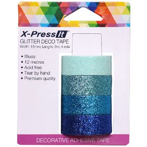 X-Press It Glitter Deco Tape 15mm x 3m Blue 4 Pack