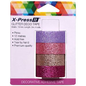 X-Press It Glitter Deco Tape 15mm x 3m Pink 4 Pack