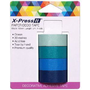 X-Press It Paper Deco Tape 15mm x 5m Ocean 4 Pack