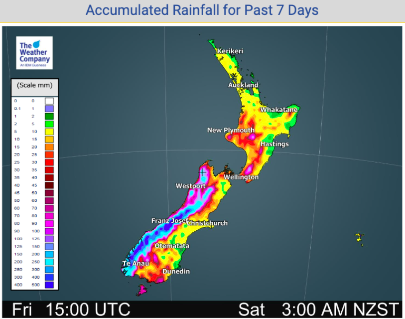 NZ’s accumulated Rainfall over the past 24 hours & 7 days, Auckland