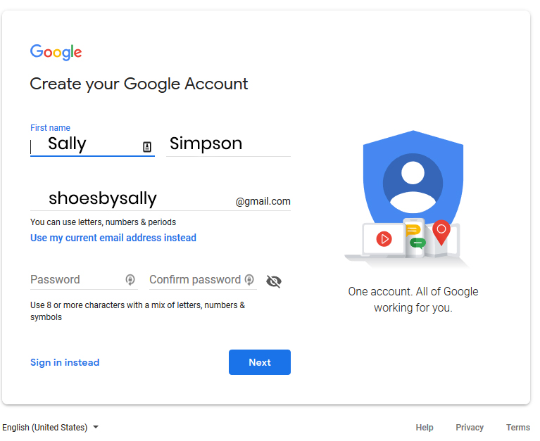 Image showing the first step in setting up a Google Account