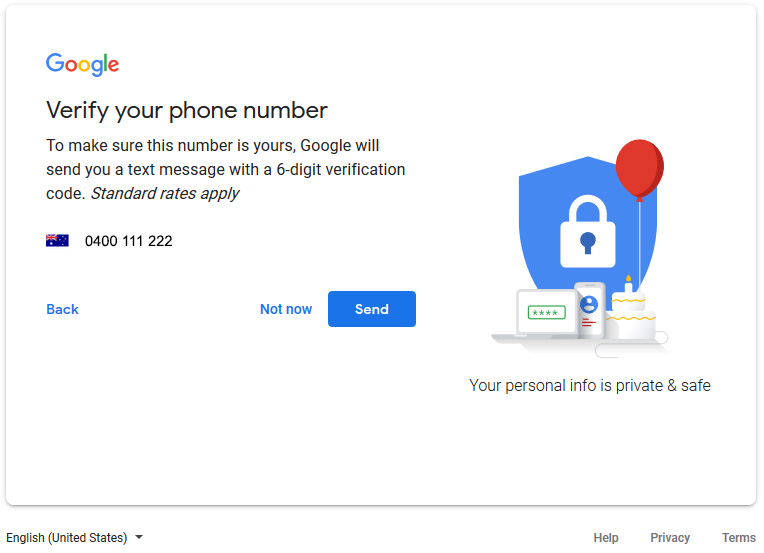 Image showing Googles phone verification step in the account set up