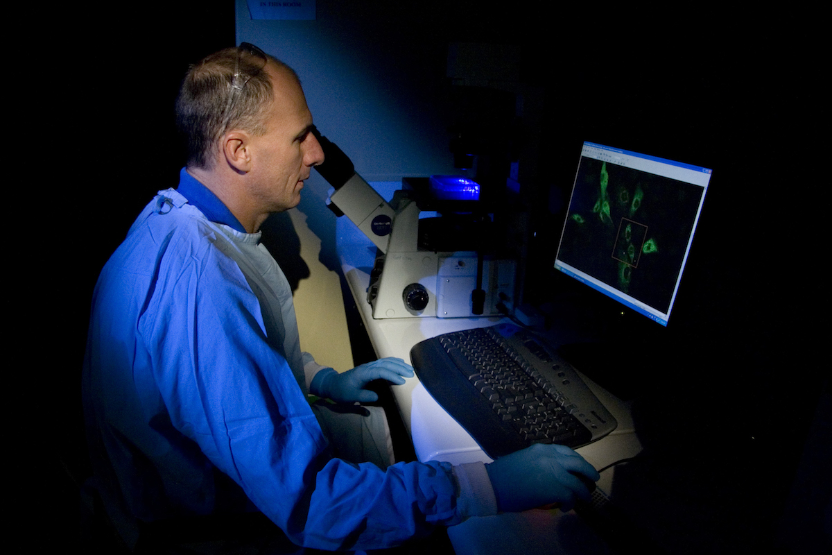 A male scientist sits in a darkened laboratory, his face illuminated by the computer monitor he is looking at.