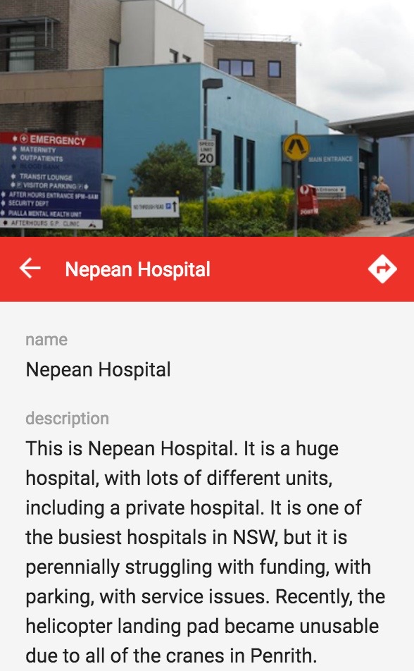 A screen cap showing an example of the work students were shown as an example. The screen cap shows a photo of a hospital, and the text underneath reads 'Nepean Hospital: This is Nepean Hospital. It is a huge hospital, with lots of different units, including a private hospital. It is one of the busiest hospitals in NSW, but it is perennially struggling with funding, with parking, with service issues. Recently the helicopter landing pad became unusable due to all of the cranes in Penrith.