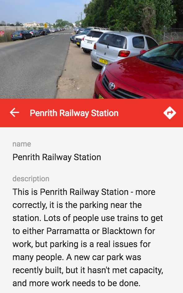 Another example given to students. There is a photo of a parking lot, and the title underneath reads ‘Penrith Railway Station’. The description says ‘This is Penrith Railway Station - more correctly, it is the parking near the station. Lots of people use trains to get to either Parramatta or Blacktown for work, but parking is a real issue for many people. A new car park was recently built, but it hasn’t met capacity, and more work needs to be done’.