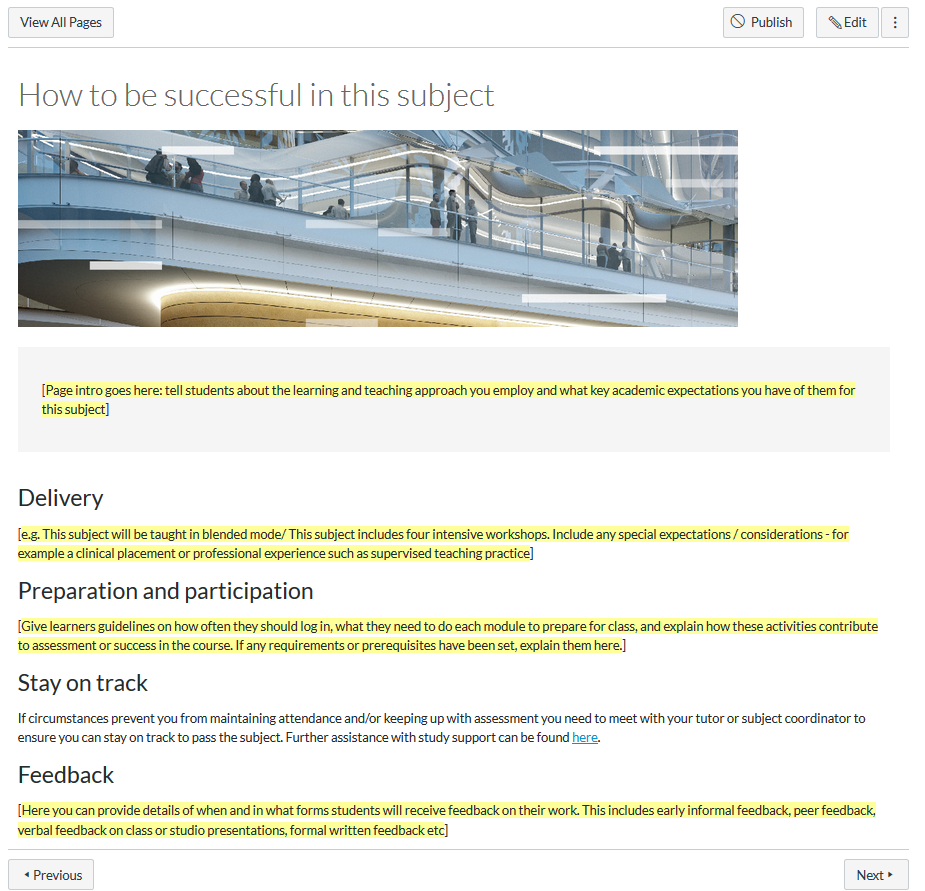 A screenshot of the "How to be successful in this subject"page from the UTS Canvas shell