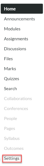 The course navigation menu in Canvas with the Settings option highlighted. Settings is the last option on the menu.