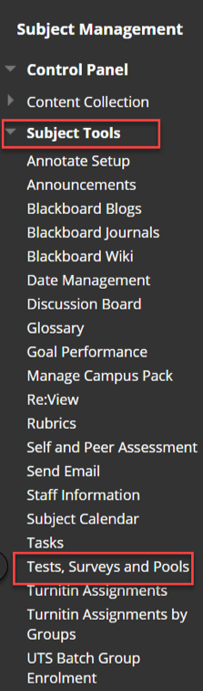 The subject tools menu expanded in UTSOnline with Tests Surveys and Pools selected.