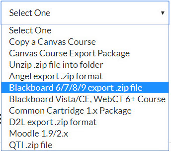The Content Type drop-down menu in the Import Content section of Canvas. The Blackboard 6/7/8/9 export.zip file option is selected.