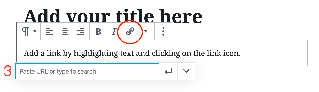 This image shows how to add a hyperlink to your text. You highlight the text you want to use for the link, and click on the link icon.