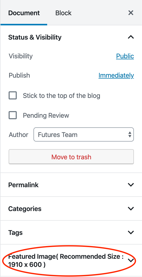This image shows where in the editor you can add a feature image.