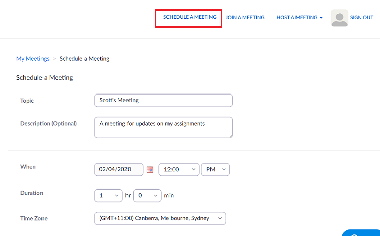 Screenshot of Zoom Schedule page with 'Schedule a Meeting' highlighted