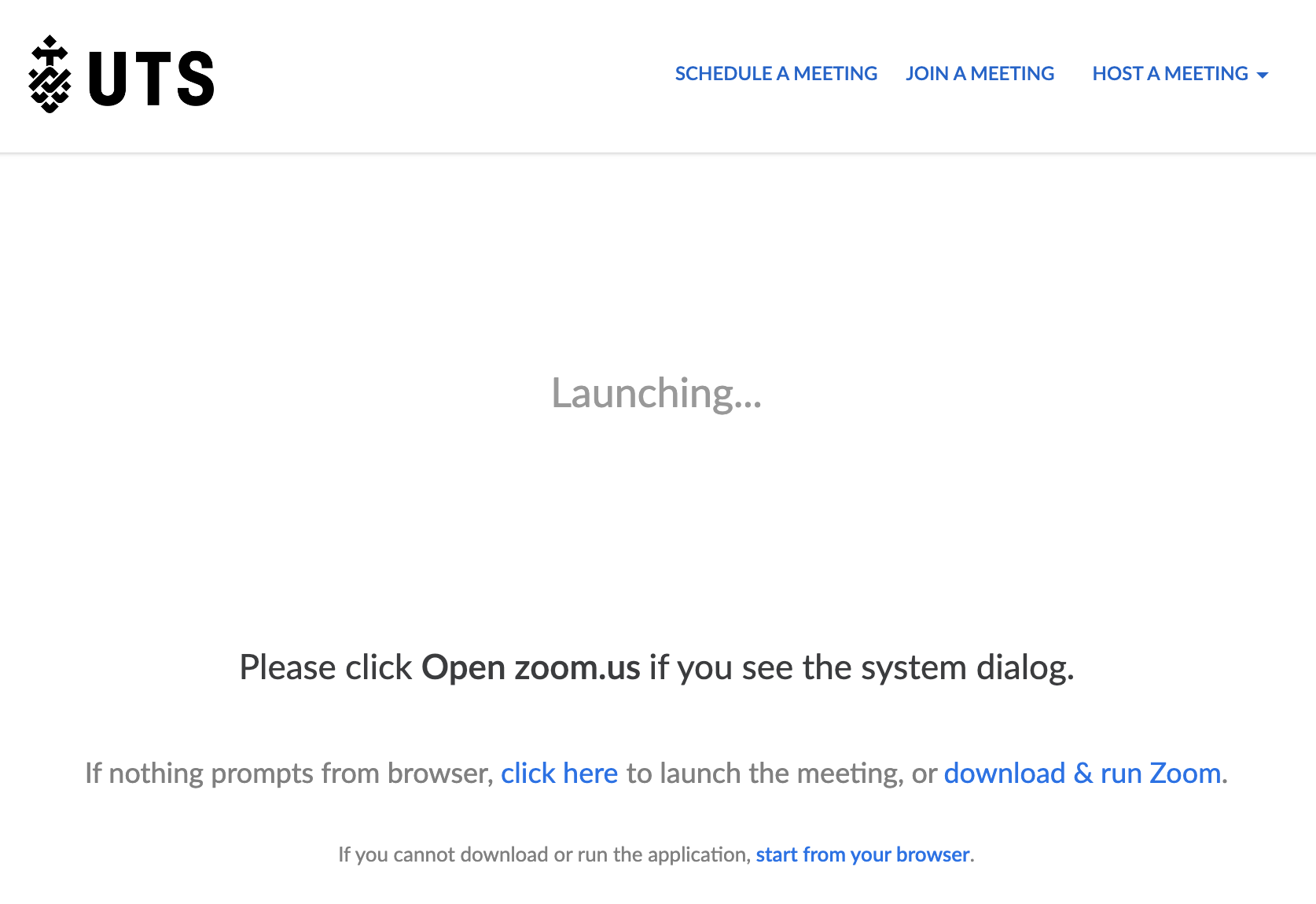 Screenshot of a UTS Zoom meeting launch page