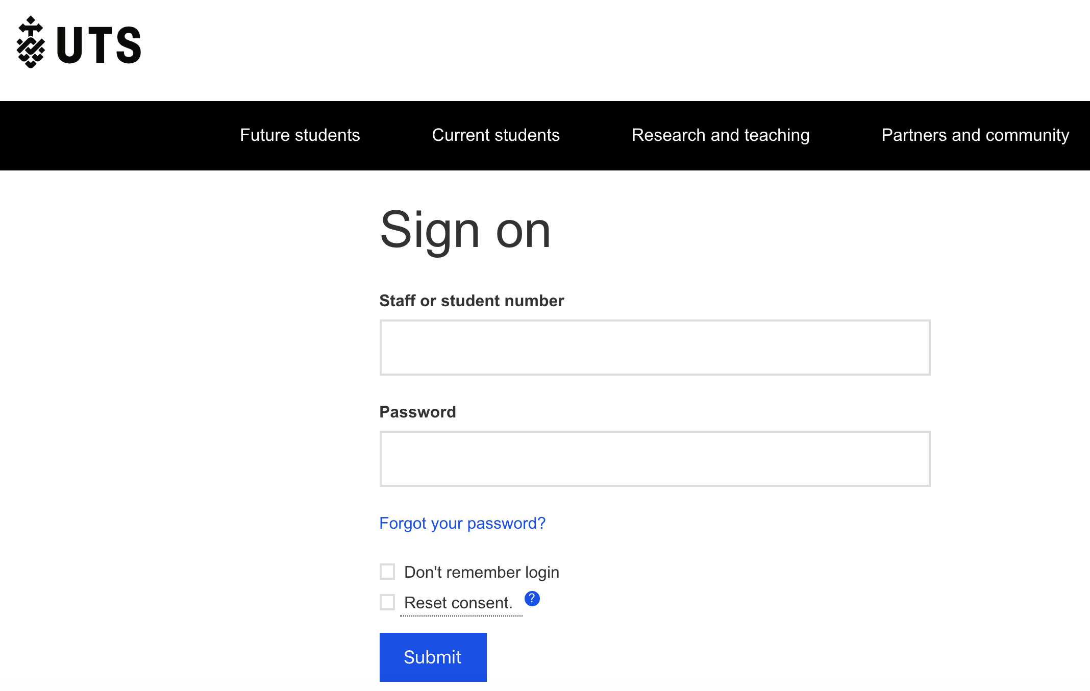 Screenshot of UTS staff sign in page