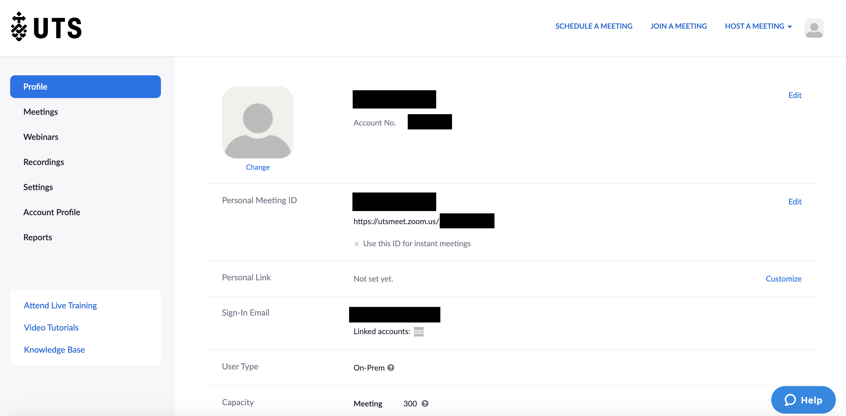 Screenshot of a UTS Zoom account