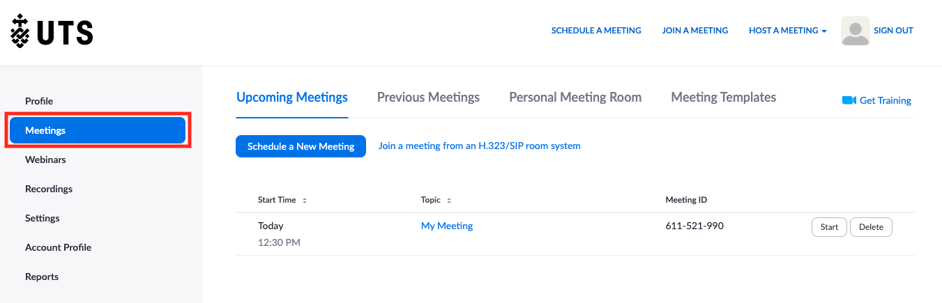 Screenshot of UTS Zoom homepage with 'Meetings' menu item highlighted