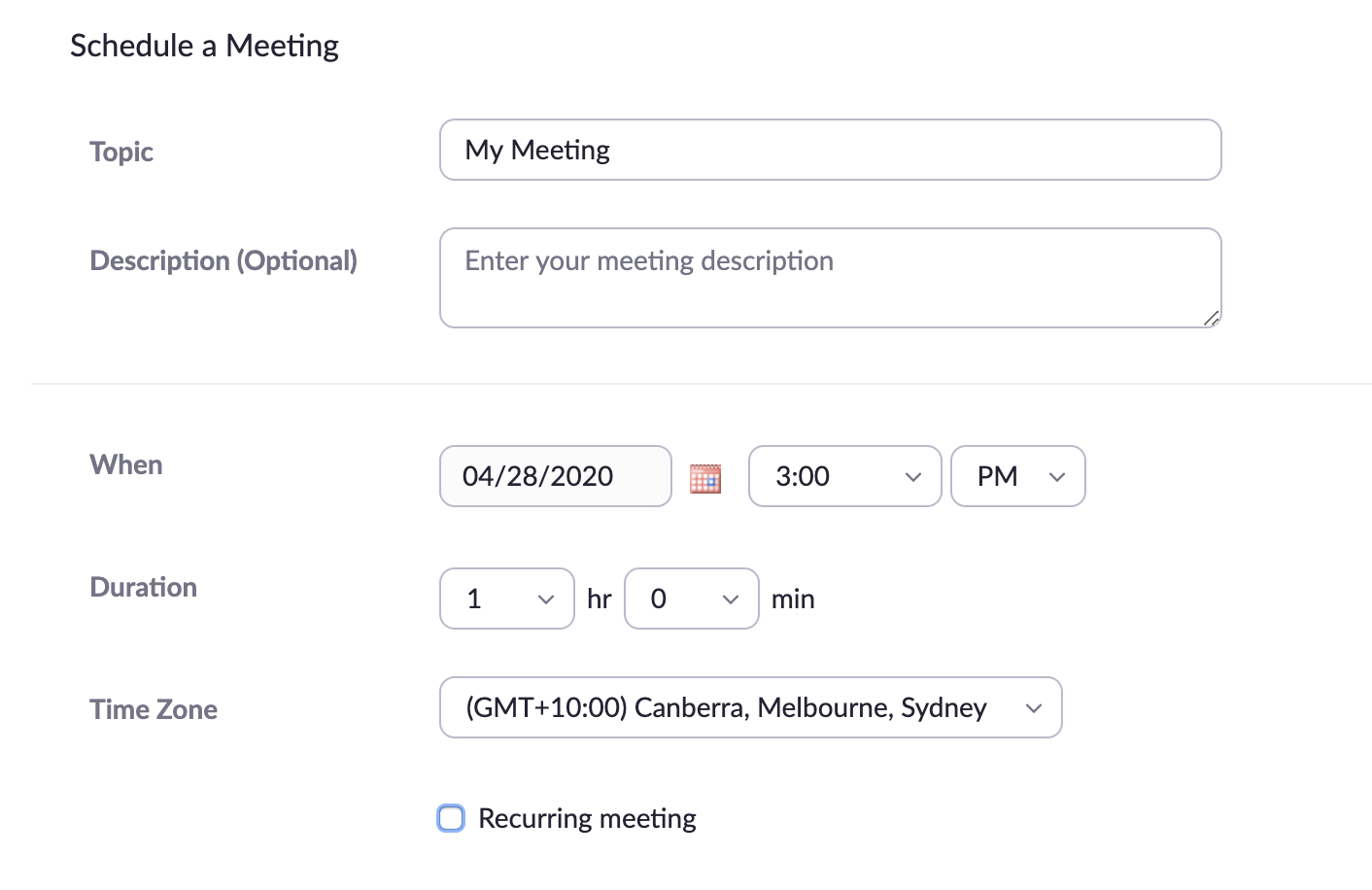 Screenshot of Zoom 'Schedule a Meeting' form displaying fields topic, description. time and date