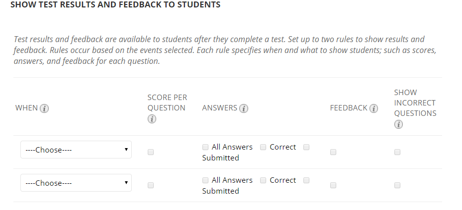 In the Show Test Results and Feedback to students section, do not select any of the selections.