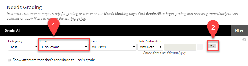 Select the relevant Test from the filter menu.